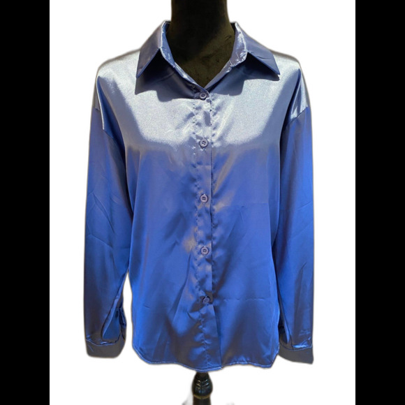 Tops - Womans Steele Blue Plus Size XL Silk Feel Shimmery  Button Down Blouse
